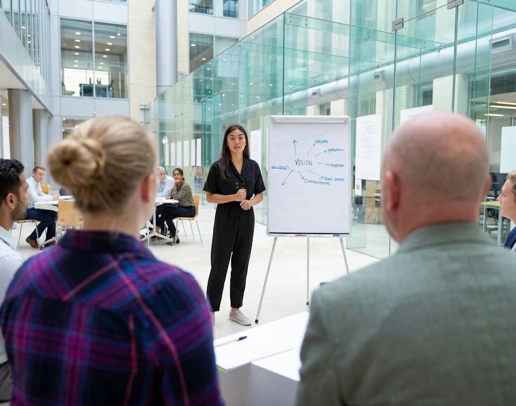 This image is a branding graphic for the Army Civilian Workforce, featuring a photograph on the left and official branding elements on the right. Image BreakdownLeft Side (Photograph): Set in a modern, brightly lit indoor office space with high glass walls and open architecture. A woman dressed in black casual business attire stands near a easel flipchart presenting to a group of seated colleagues. Two attendees are visible in the foreground from behind: a woman wearing a purple-and-blue plaid shirt and a man in a light jacket. In the background, other colleagues are seated around tables. Right Side (Branding & Logos): Set against a solid white background, displaying:The Ministry of Defence logo on the left (featuring the official crest). The British ARMY logo on the right, accompanied by the Union Jack flag icon. A blue banner at the bottom with white uppercase text reading "ARMY CIVILIAN WORKFORCE".