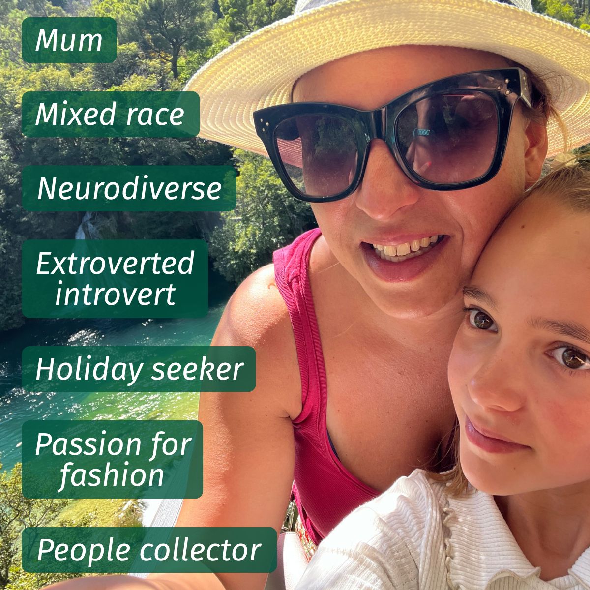 Sara Holt - Chief Marketing Officer: Text Overlays: Positioned along the left side of the image are seven dark green, rounded text boxes with white italicised text listing personal traits: Mum Mixed race Neurodiverse Extroverted introvert Holiday seeker Passion for fashion People collector