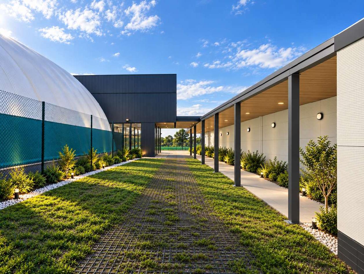 This image shows an outdoor architectural walkway situated between modern sports or recreational facilities under a bright, partly cloudy blue sky. Central Pathway & Ground Cover: In the foreground, a wide path features a permeable grass-paver grid system with low tufts of green grass growing through a dark cellular matrix. Left Side (Sports Enclosure): A large, white curved fabric dome structure—likely covering an indoor tennis or multipurpose court—rises on the left. It is bordered by a tall dark metal chain-link security fence backed by a teal windbreak screen, with neat shrubbery and white decorative gravel edging its base. Right Side (Covered Walkway & Building): A contemporary single-storey building features an overhanging covered colonnade supported by slim, charcoal-grey steel pillars. The soffit ceiling is finished in warm wood panelling with recessed downlights, while the white exterior wall is accented with round, minimalist wall lights. Along the foot of the wall, lush green shrubs and young saplings are planted in a bed of white stones, illuminated by small ground uplighters. Background: The colonnade leads towards a dark-grey, cubic architectural entrance pavilion featuring large glass panes, opening up to glimpses of mature green trees in the distance. The overall atmosphere is sleek, tidy, and illuminated by bright natural sunlight casting soft shadows across the lawn.