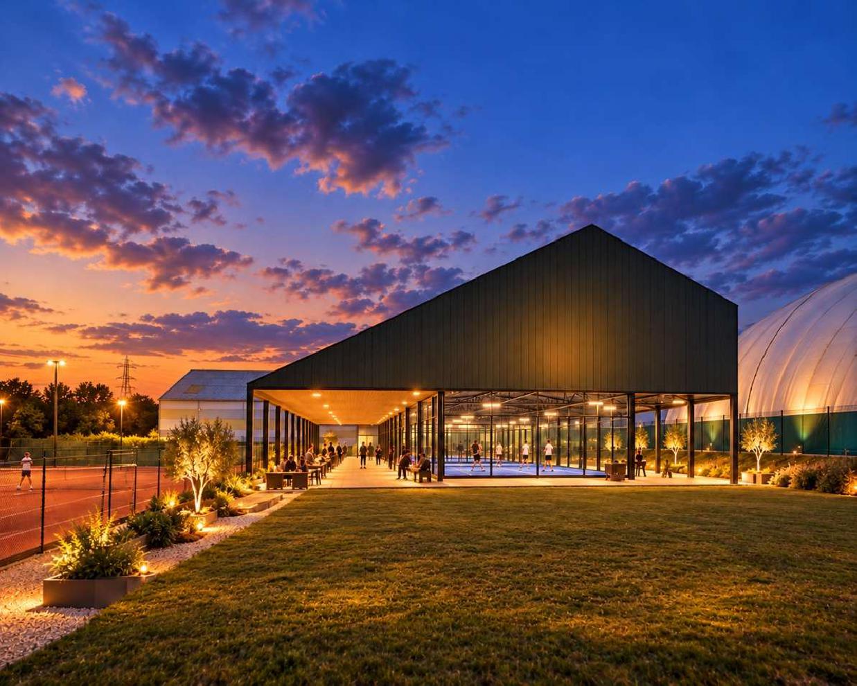 A modern sports pavilion stands beneath a dramatic dusk sky streaked with vibrant orange, pink, and deep indigo clouds. The centrepiece is an asymmetrical, dark-clad pavilion featuring a pitched roof supported by black structural pillars. Beneath its shelter, brightly lit padel courts with blue playing surfaces are enclosed in glass, with players in mid-game. Running parallel to the courts is an open-sided, covered walkway with warm downlighting embedded in the ceiling, where people are socialising and seated at café-style tables. To the left, an outdoor tennis court is enclosed by chain-link fencing, where a figure can be seen playing under the glow of tall floodlights. A gravelled border planted with low shrubbery and small trees in illuminated planters separates the court from a broad, neatly manicured lawn in the foreground. To the far right, the curved, translucent form of a large air dome is softly illuminated against the nightfall, with an industrial pylon and treeline silhouetted along the distant horizon.