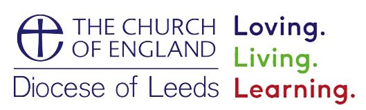 The image shows the official corporate branding for the Diocese of Leeds, which is part of the Church of England. It features a clean, horizontal layout set against a plain white background, divided into two distinct sections. Here is a detailed breakdown using UK spelling: Left Section (The Official Identity) This section uses a deep navy blue colour palette and contains the core organisational text and logo: The Logo: On the far left, there is a circular emblem containing a stylized Christian cross. The cross merges smoothly with the left and bottom edges of the circle. The Text: To the right of the logo, the words "THE CHURCH OF ENGLAND" are written in a classic, uppercase, sans-serif font across two lines. The Divider: A thin, solid navy blue horizontal line sits directly beneath "THE CHURCH OF ENGLAND". The Diocese Name: Below the dividing line, the words "Diocese of Leeds" are written in a much larger, lighter, and more contemporary sans-serif typeface, with title-case capitalisation. Right Section (The Vision Statement) Separated slightly to the right is the diocese's three-word motto or vision statement. Each word sits on its own line, ends with a full stop, and is rendered in a distinct colour: "Loving." is written at the top in dark blue. "Living." is written in the middle in a vibrant apple green. "Learning." is written at the bottom in a deep red.