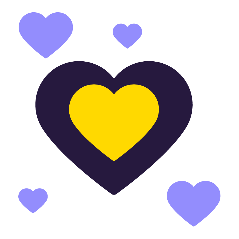 1. Central "Heart-within-a-Heart" The primary icon is a nested heart design: Outer Heart: A large, dark navy (or deep purple) heart that acts as a protective frame. Inner Heart: A bright, solid yellow heart sits directly in the center. This layering often symbolizes internal health, core values, or "care at the heart" of an organization. 2. Floating Accents Surrounding the central icon are four smaller lavender hearts. They are scattered in the corners (two at the top, two at the bottom) and vary slightly in size. These lighter-colored hearts create a sense of movement and "overflowing" kindness or support. 3. Visual Style & Palette Color Scheme: Uses a high-contrast mix of dark navy, vibrant yellow, and soft lavender. Atmosphere: While the previous image felt structural and secure, this one feels warm and empathetic. The rounded shapes of the hearts give the graphic a friendly, approachable quality.