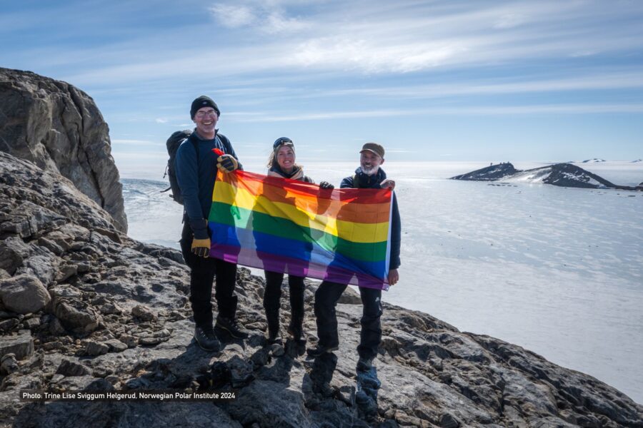 BAS bird ecologist Richard Phillips with Julie Syltern the over-wintering doctor at the Norwegian Troll station with BAS bird researcher Ewan Wakefield. Photo credit_ Trine Helgerud.
