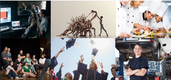 Gemini said This collage features six panels showcasing a variety of career paths, creative arts, and educational milestones. It highlights diverse fields such as digital media production, culinary arts, automotive repair, and performing arts. The central theme captures the journey from hands-on vocational training to the celebratory moment of graduation.