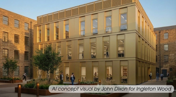 Central Architecture: A modern, three-storey building features a distinctive golden metallic cladding with vertical paneling and recessed windows, giving it a warm, polished appearance under soft sunlight. Roofline: The top tier is finished with a perforated or latticed screened roof section running along the top. Surrounding Context: The modern structure is framed by traditional, multi-storey tan-coloured brick buildings featuring classic sash windows, creating a striking contrast between modern and historic architectural styles. Landscaping & Courtyard: In the foreground is an outdoor courtyard featuring raised planter boxes built with weathered steel (corten steel), planted with small trees, shrubs, and ornamental grasses, accompanied by bollard lighting. Activity: Several people are depicted walking through the courtyard and visible inside the office spaces through the tall vertical windows. Text Overlay: A banner at the bottom right reads: "AI concept visual by John Dixon for Ingleton Wood"