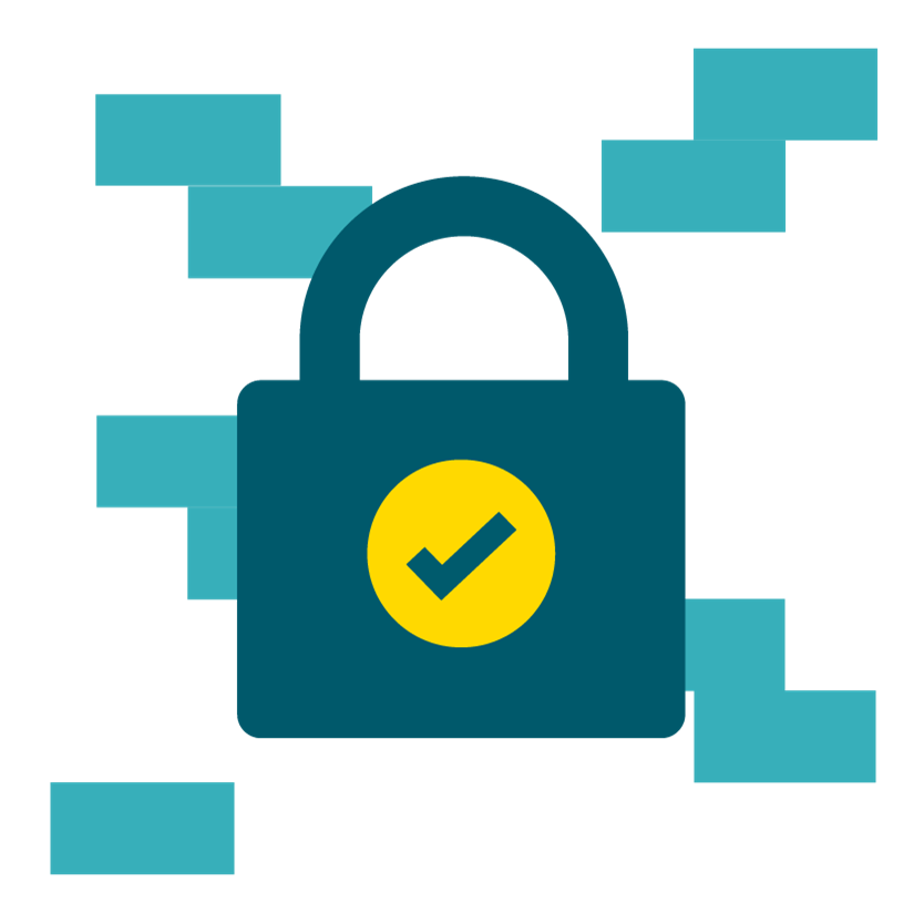 This image is a flat, stylized graphic focused on themes of security, verification, and stability. The composition features three primary elements: 1. Central Icon The focal point is a large, dark teal padlock. It has a rounded rectangular body and a thick, solid shackle. The design is minimalist, using clean lines without any gradients or shadows. 2. Verification Badge In the center of the padlock is a bright yellow circle containing a small teal checkmark. This symbol commonly represents a "verified" status, a successful authentication, or a completed commitment.