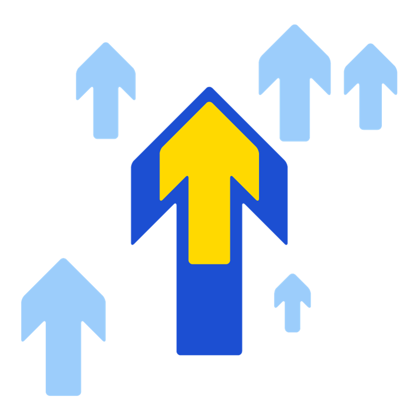 1. The Leading Arrow The central focus is a large, multi-layered arrow pointing upward. It features a vibrant yellow arrow nested inside a bold royal blue one. This "double-up" design emphasizes a strong sense of direction and momentum, suggesting that "confidence" comes from having a clear, backed-up path forward. 2. Supporting Upward Momentum Surrounding the main arrow are five smaller light blue arrows, also pointing upward. They vary in size and are positioned at different heights, creating a sense of a rising tide or a collective lift. Their lighter color keeps the focus on the central "leader" arrow while reinforcing the overall theme of positive progress. 3. Visual Style & Palette Color Palette: A energetic mix of royal blue, sky blue, and bright yellow. This is a classic "trust" palette often used in corporate and financial environments. Symbolism: The "upward and onward" motif is a direct visual metaphor for increasing metrics, personal development, or market confidence.