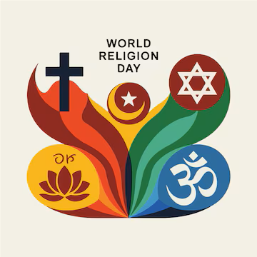 Gemini said This image is a vibrant, colorful graphic celebrating World Religion Day. It features several key religious symbols emerging from a central point of flowing, multicolored waves