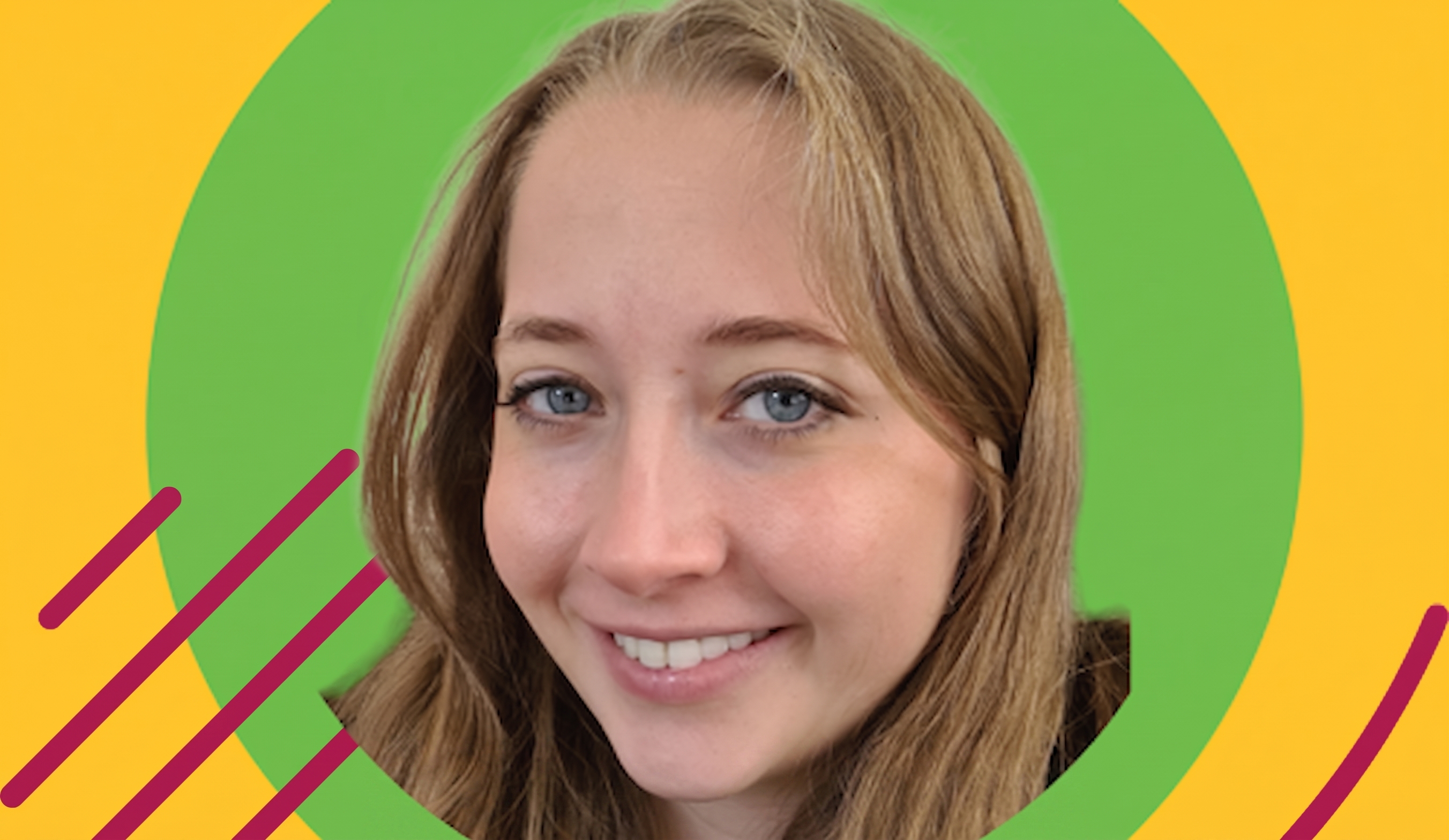 A close-up portrait photograph of a young woman with long, slightly wavy blonde hair and a radiant smile is set against a graphic background featuring bright yellow and green concentric circles and diagonal magenta lines.