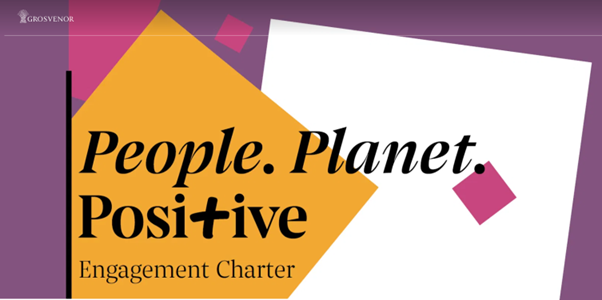 An abstract graphic design featuring the Grosvenor logo in the top left corner. The phrase "People. Planet. Positive." is displayed in large, black serif text across the center. The background consists of overlapping geometric shapes in purple, white, and mustard yellow, with small pink square accents scattered throughout.
