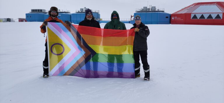 Halley early input team celebrate Polar Pride 2024 &ndash; Luke Glazzard, Martin Bell, John Davies, Jane Bowland.