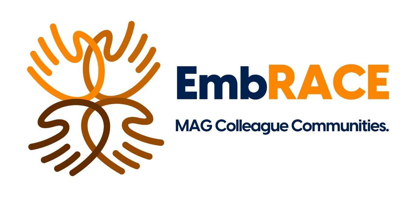 Graphic Symbol On the left side of the image, there is an abstract, circular emblem composed of four stylized hands intertwining.  Design: The hands are drawn with continuous lines, creating a sense of unity and connection. Two hands open upwards, and two open downwards.  Colour Palette: The graphic utilises a warm, earthy colour scheme. The top two hands are a bright, vibrant orange, whilst the bottom two hands are a darker, chocolate brown.  Text and Typography To the right of the symbol, the text is arranged in two lines:  Main Title: The word "EmbRACE" is written in a bold, sans-serif font.  "Emb" is coloured in a dark navy blue.  "RACE" is capitalised and highlighted in the same bright orange as the top hands.  Subtitle: Directly underneath, the phrase "MAG Colleague Communities." is written in a smaller, uniform font, entirely in dark navy blue.