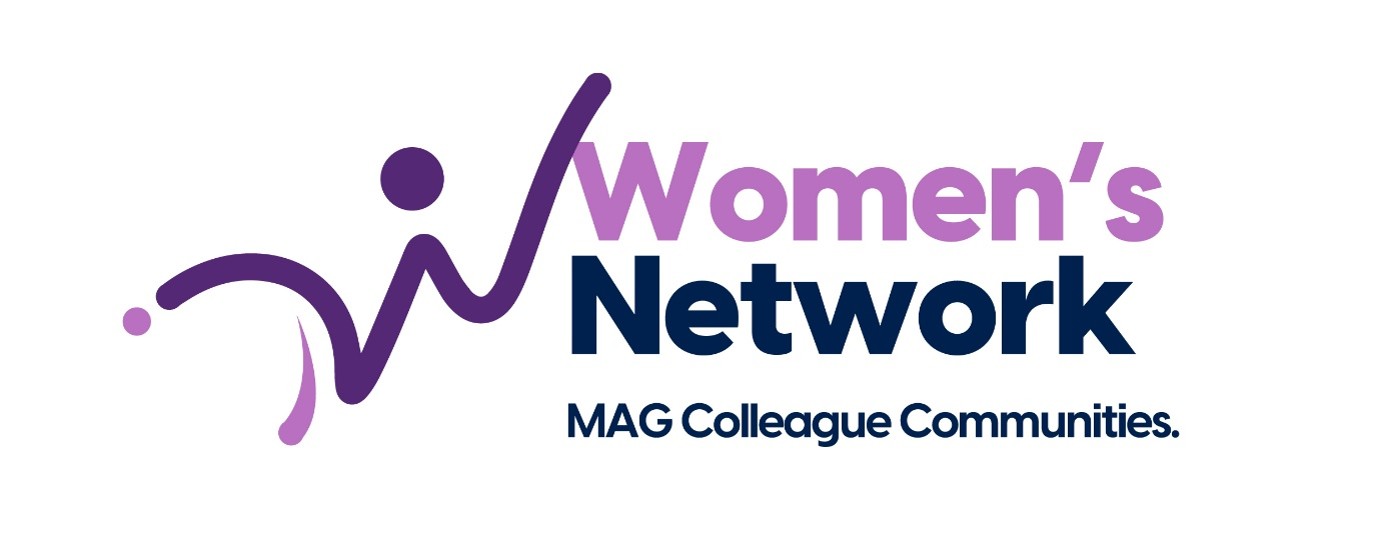 Graphic Symbol On the left side of the image is an abstract, fluid emblem representing a human figure. Design: The graphic features a dynamic, continuous line that forms a stylised letter "W" while simultaneously depicting a person with arms raised or stretching outward in a celebratory gesture. A solid purple circle floats just above the central dip of the line, serving as the figure's head. Colour Palette: The symbol is rendered in shades of purple. The main sweeping body line and head are a dark, rich purple, complemented by a smaller, lighter lilac curve beneath the left side and a small lilac dot at the far-left tip. Text and Typography To the right of the symbol, the text follows the two-line branding structure seen throughout the series: Main Title: The phrase "Women's Network" is written across two stacked lines in a bold, sans-serif font. "Women's" is coloured in a soft lilac. "Network" is coloured in the signature corporate dark navy blue. Subtitle: Positioned neatly underneath, the phrase "MAG Colleague Communities." is written in a smaller, uniform font size, styled entirely in dark navy blue.