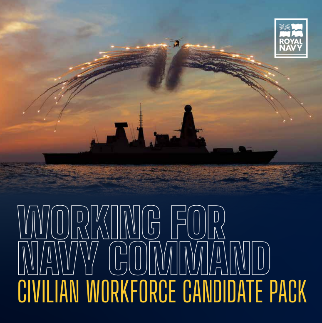 This image is a recruitment document cover featuring a dramatic maritime photograph split across two main sections.  Visual Breakdown  Upper Section (Photography): Shows a Royal Navy warship silhouetted at sea against a warm, orange-hued sunset sky. Above the vessel, a military helicopter deploys defensive countermeasure flares, creating an arching, wing-like pattern of bright light and smoke trails. The official Royal Navy logo (featuring the White Ensign within a square border) appears in white in the top-right corner.  Lower Section (Typography): Set against a dark navy blue background, large outlined capital letters read "WORKING FOR NAVY COMMAND" across three lines. Below this, the subtitle "CIVILIAN WORKFORCE CANDIDATE PACK" is displayed in bold, solid yellow uppercase text.