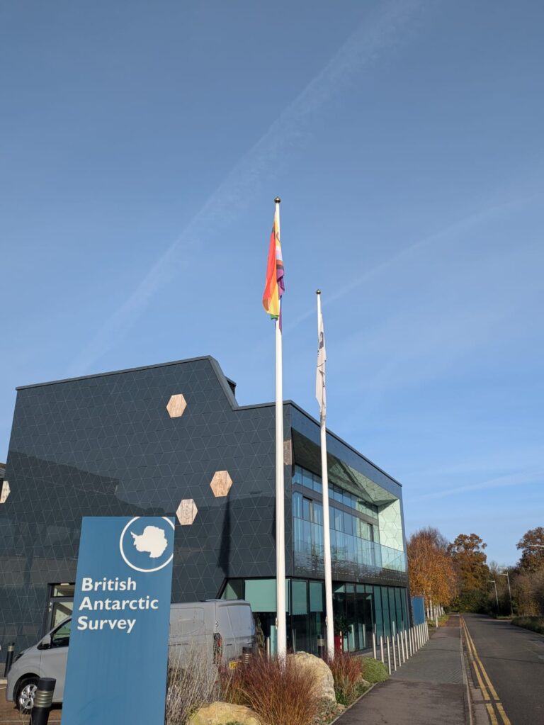 The Progress Pride flag flies outside BAS Cambridge for Polar Pride 2024