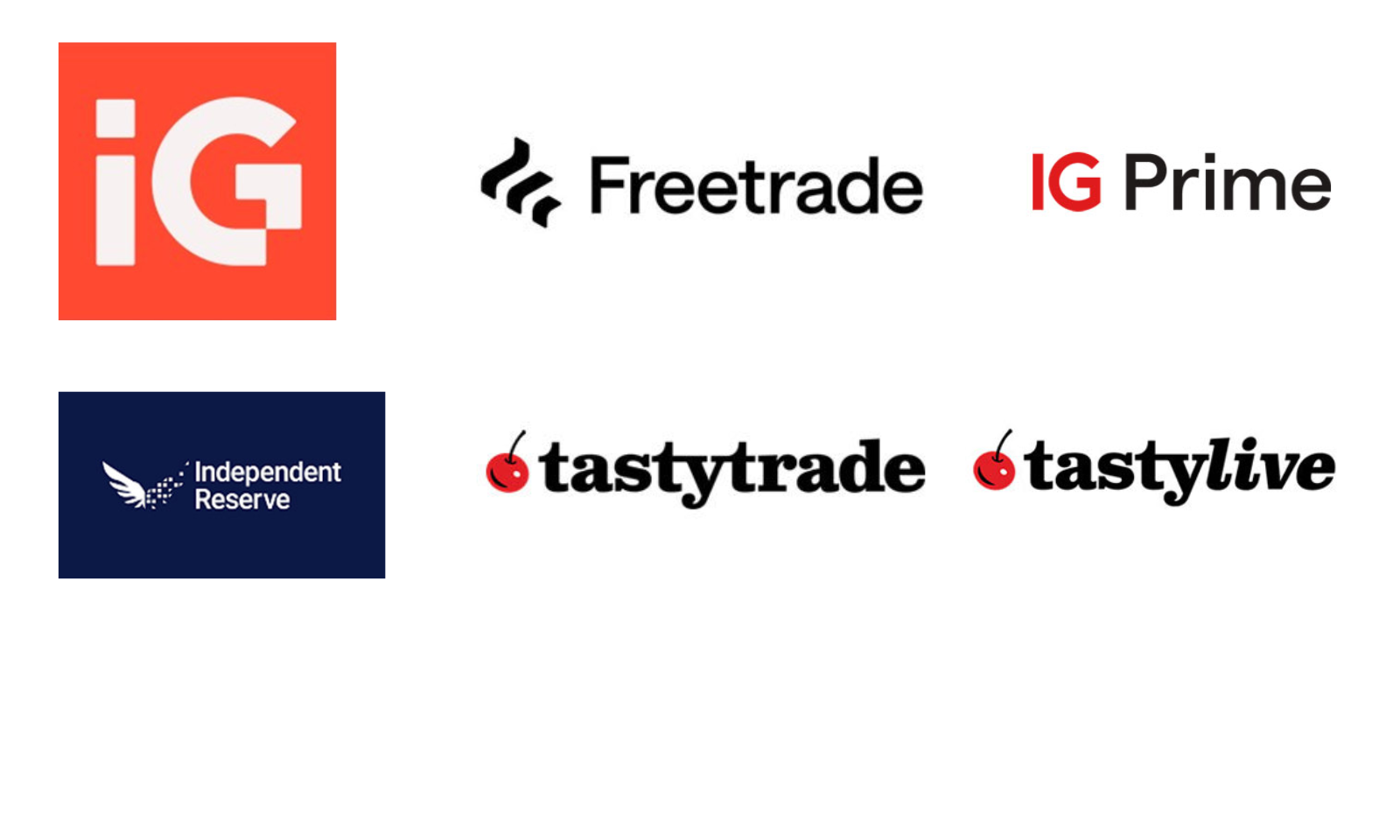 Top Row IG: A solid, vibrant red-orange square featuring a bold, white "iG" monogram in the centre. Freetrade: An abstract black symbol resembling stacked curved lines or wings on the left, followed by the word "Freetrade" in a clean, modern black sans-serif typeface. IG Prime: A text-based logo with "IG" in bold red lettering, followed by "Prime" in a dark grey, clean sans-serif font. Bottom Row Independent Reserve: A dark navy blue rectangular block containing a white stylised wing graphic made of small geometric shapes, alongside the text "Independent Reserve" split across two lines in white. tastytrade: A small red cherry icon with a green-trimmed stem, followed by the brand name "tastytrade" in bold, black, lowercase serif typography. tastylive: Features the identical red cherry icon as the tastytrade logo, paired with the word "tastylive" in the same bold, black, lowercase serif typeface.