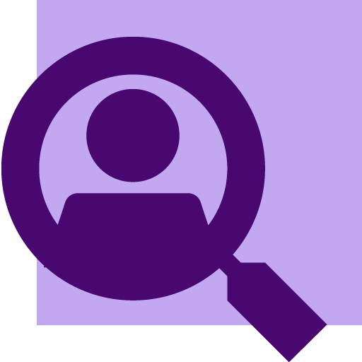 Visual Elements Background: A solid, light lavender-purple square that serves as the backdrop. Foreground Icon: A large, dark purple magnifying glass icon that is offset slightly to the bottom-left, overlapping the edges of the background square. Central Motif: Inside the lens area of the magnifying glass, there is a classic user profile silhouette consisting of a solid circle for the head and a rounded block for the shoulders. Colour Palette: The image uses a simple two-tone monochromatic purple palette, relying on the contrast between the deep violet foreground and the pastel lavender background.