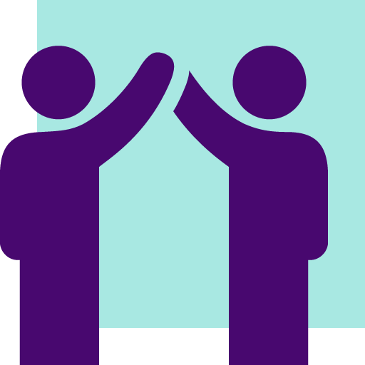 Visual Elements Background: A solid, light mint-green or cyan square that acts as the backdrop. Foreground Icon: Two deep purple human silhouettes standing facing each other. The figure on the left is offset slightly, extending beyond the left edge of the background square. Central Motif: Both figures have one arm raised, meeting in the middle to perform a "high five" gesture, symbolising celebration, agreement, or partnership. Colour Palette: The image uses a high-contrast, two-tone colour scheme, pairing the dark purple of the figures against the pale, cool-toned background.