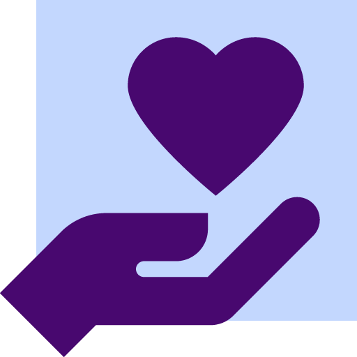 Visual Elements Background: A solid, light periwinkle-blue square that acts as the backdrop. Foreground Icon: A dark purple silhouette of a hand open upward, with a large heart shape hovering directly above the palm. The wrist of the hand extends slightly beyond the bottom-left corner of the background square. Central Motif: The combination of an open hand supporting or offering a heart symbolises themes of giving, protection, healthcare, or employee wellbeing. Colour Palette: True to the style of the previous images, this uses a high-contrast, two-tone colour scheme, placing the deep purple elements against a soft, pastel-toned background.