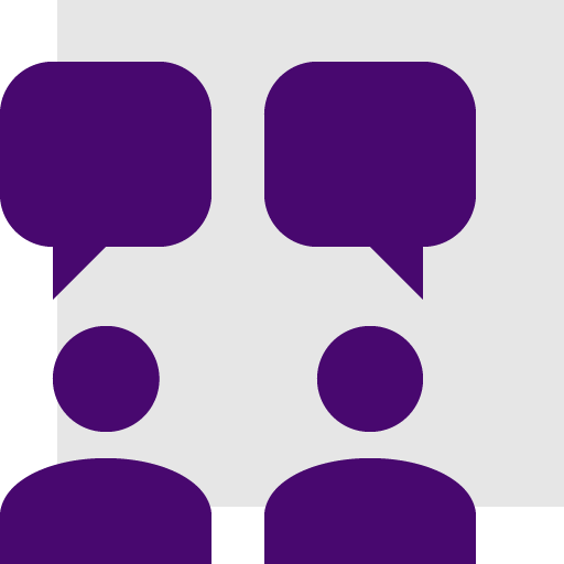 Visual Elements Background: A solid, light grey square that serves as the backdrop. Foreground Icon: Two deep purple silhouettes of people shown from the shoulders up, positioned side-by-side. The figure on the left is offset slightly, extending past the left edge of the background square. Central Motif: Above each person's head is a large, rounded rectangular speech bubble with a pointed tail, symbolising a conversation, exchange of ideas, or discussion between two parties. Colour Palette: Keeping with the exact theme of the previous images, it utilizes a clean, two-tone colour scheme, placing the solid, dark purple icons against a neutral, soft grey background.