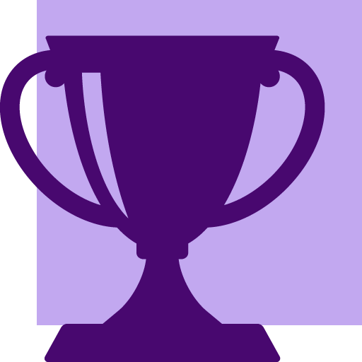 Visual Elements Background: A solid, light lavender-purple square that serves as the backdrop, matching the exact shade used in the first image. Foreground Icon: A large, deep purple silhouette of a classic trophy cup. The icon is offset slightly towards the bottom-left, with its handles and base extending past the edges of the background square. Central Motif: The trophy features two curved handles on either side, a flared base, and subtle negative space cutouts on the left side of the cup to simulate a reflective highlight or shine. Colour Palette: In line with the rest of the collection, it utilises a clean, high-contrast, two-tone colour scheme, placing the rich purple emblem against a soft, pastel-toned background.