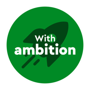 This image features a circular graphic on a plain white background, matching the style of the previous designs.  Design Elements: A bright green circular background contains a dark green silhouette of a rocket launching diagonally upwards towards the top-right corner, complete with motion/exhaust trails trailing behind it.  Text & Typography: Bold white text in a rounded, clean sans-serif typeface is layered over the rocket motif. The word "With" is placed in a smaller font size above, with "ambition" positioned directly beneath in a larger, lowercase font.  Colour Scheme: A high-contrast palette featuring bright green, dark green, and crisp white.