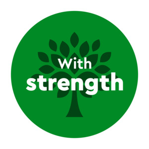 This image features a circular graphic set against a white background. Design Elements: A vibrant green circular background contains a dark green silhouette of a leafy tree at its centre. Text & Typography: Bold, white text in a rounded, clean sans-serif font is layered over the tree silhouette. The word "With" is rendered in a smaller font size near the top of the canopy, while the word "strength" is prominently displayed across the lower section in larger, lowercase lettering. Colour Scheme: A high-contrast combination of vibrant bright green, dark forest green, and crisp white.