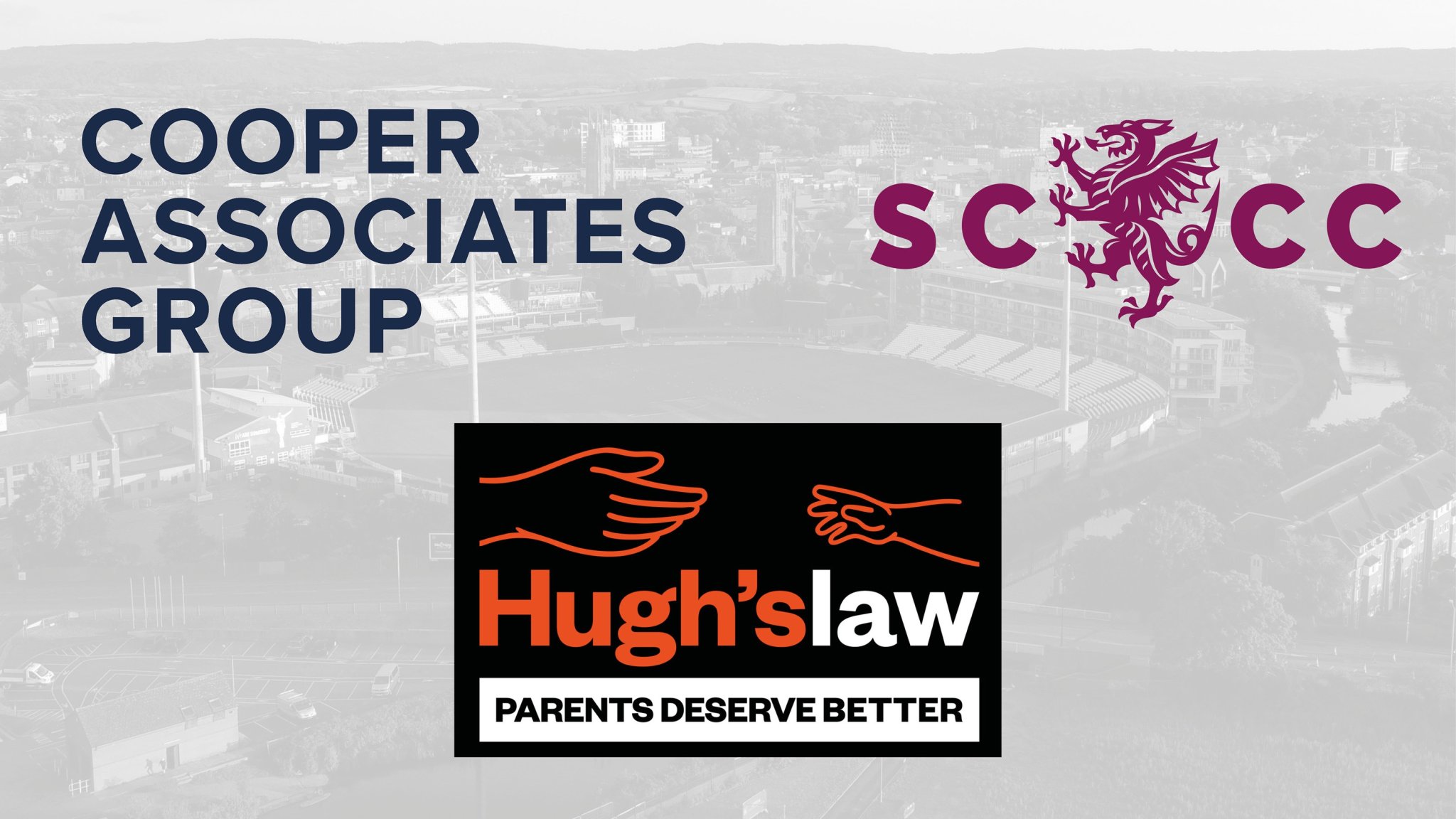 This graphic features a co-branded sponsorship banner set against a faded, black-and-white aerial image of the Cooper Associates County Ground in Taunton. Top Left: Bold dark blue text reads "COOPER ASSOCIATES GROUP". Top Right: Maroon lettering reads "SCCC", flanking the iconic Somerset Wyvern crest. Center: A black rectangular logo box displays the name "Hugh'slaw" with two outstretched orange line-art hands above it, accompanied by the tagline "PARENTS DESERVE BETTER" in a white bar along the bottom.
