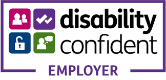 This image is the official logo for the "Disability Confident Employer" scheme, a UK government initiative. It is a colorful, professional badge designed to show that a business is committed to recruiting and retaining disabled people. Here is a detailed breakdown of the visual elements: 1. The Icon Grid On the left side of the logo, there are four rounded square icons arranged in a 2x2 grid. Each icon contains a white silhouette: Top Left (Magenta): Two people silhouettes, representing a team or community. Top Right (Purple): Two checkmarks (ticks), signifying verification or achievement. Bottom Left (Navy Blue): An open padlock, symbolizing accessibility and openness. Bottom Right (Green): A person silhouette with a "thought bubble" containing three small dots, representing inclusion and mindful consideration. 2. The Text To the right of the icons, the main text is displayed in a clean, sans-serif font: "disability" is written in bold, black lowercase letters on the top line. "confident" is written in bold, black lowercase letters on the second line. The word "EMPLOYER" appears at the very bottom in all-capital, purple letters.