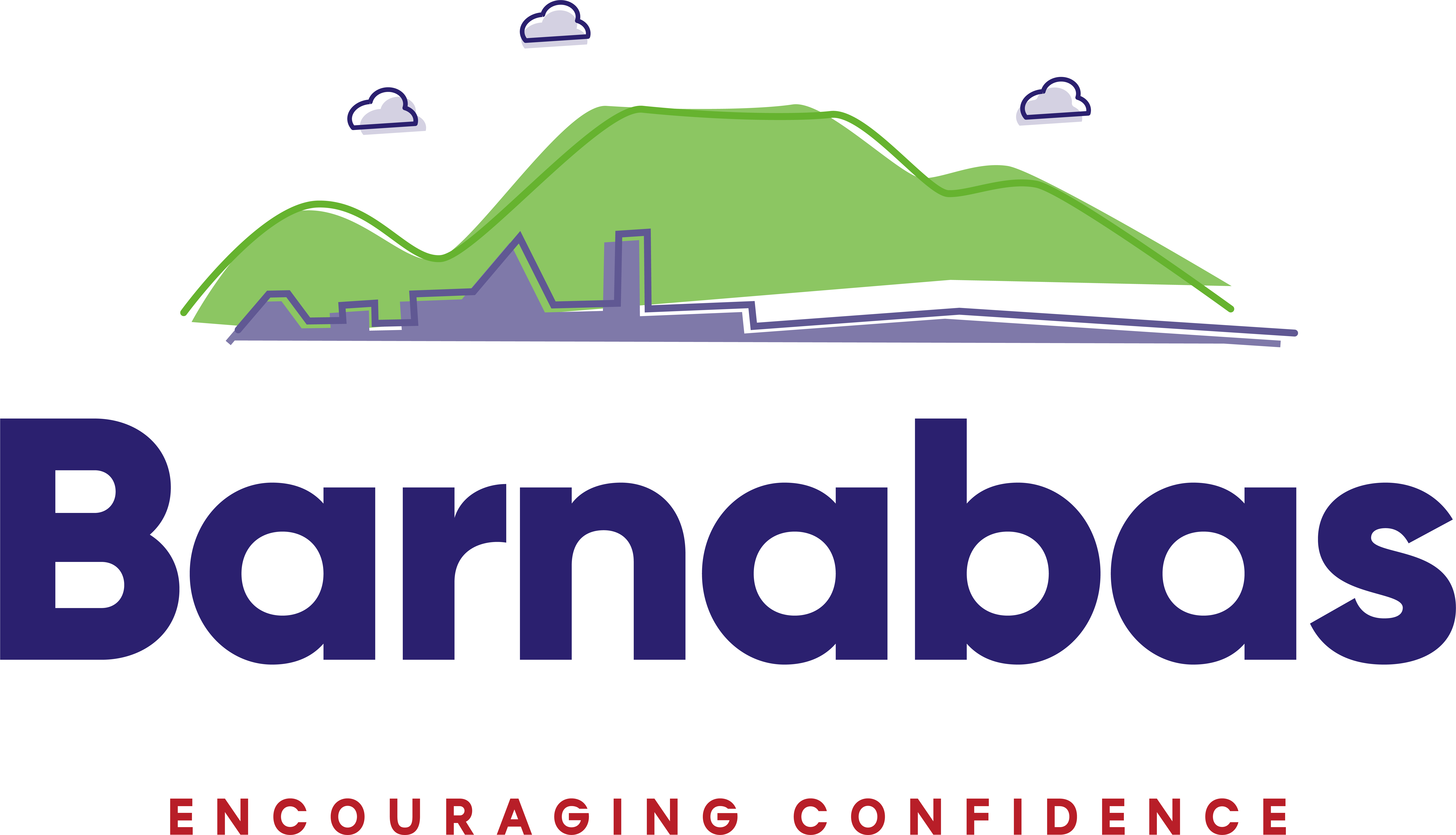 This image features a graphic logo containing a stylized landscape illustration, a prominent name, and a supporting tagline at the bottom. Detailed Elements 1. The Illustration (Top) Mountains: A soft, rolling green hill or mountain range serves as the background, drawn with loose, overlapping green line outlines and a solid green fill. City Skyline: In front of the hills is a minimalist, purple/dark blue line drawing suggesting an urban skyline or architectural silhouettes. Sky: Three small, simple cartoon clouds with purple outlines float in the white space above the hills. 2. The Text (Centre and Bottom) Main Name: The word "Barnabas" is written in a very bold, solid, dark blue sans-serif typeface right in the centre of the image. Tagline: Positioned neatly underneath is the phrase "ENCOURAGING CONFIDENCE" in all-caps, widely spaced red lettering.