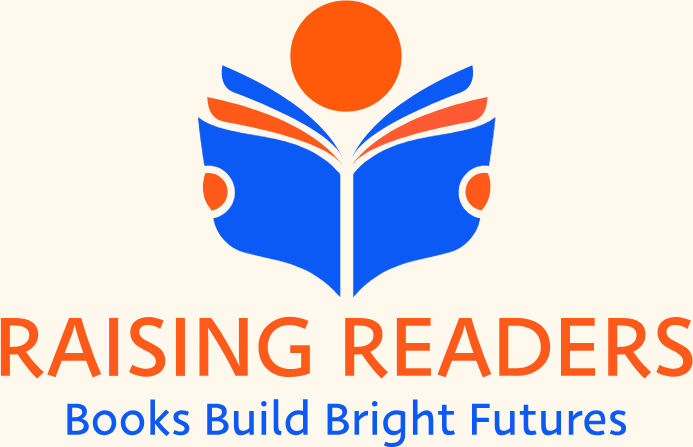 Iconography: At the top, there is a stylized illustration of an open book in bright blue. Emerging from the center of the book is an orange sun or circle, representing a person's head or a rising idea, with orange "pages" or rays flaring outward to give a sense of growth and energy. Typography: "RAISING READERS": The primary text is written in a bold, sans-serif font in bright orange. "Books Build Bright Futures": The tagline sits directly underneath in a smaller, sans-serif font in bright blue. Color Palette: The logo uses a high-contrast scheme of orange and blue set against a very light, off-white or cream background.