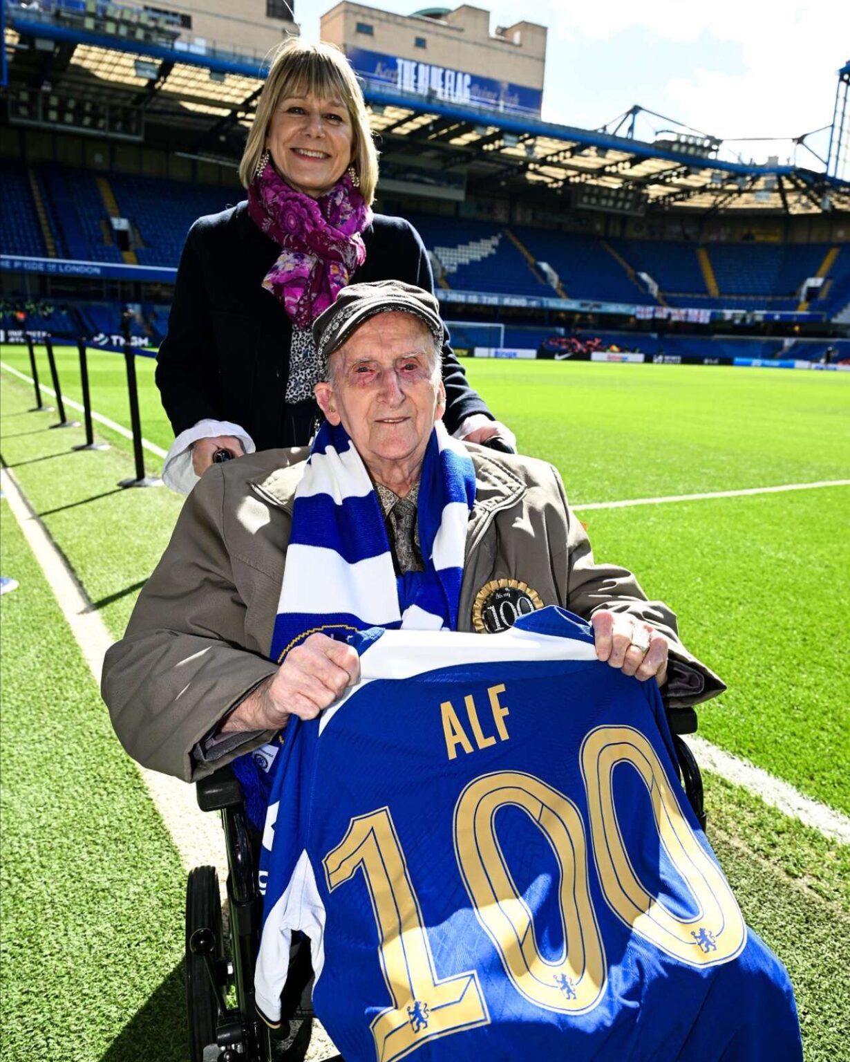 Alf and Wendy on the Chelsea football pitch