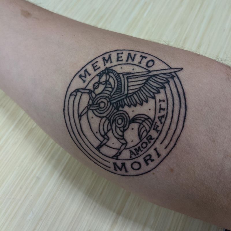 Patrick's arm tattoo, Memento Mori, Amor Fati