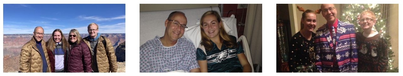 Three thumbnail pictures. The far left is a picture of a white family of 4 people. The middle image shows an older white man in a hospital gown smiling at the camera next to a young white female in a tshirt smiling at the camera. The far right image is of an older white man with is 2 children, 1 male, 1 female, all wearing Christmas. Stood in front of a Christmas tree smiling at the camera jumpers