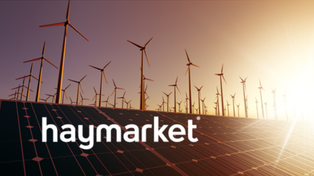 Haymarket word written over an image of a windfarm at sunset