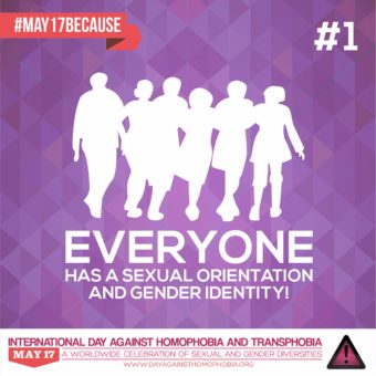 Group of people with Everyone has a sexual orientation and gender identity with #MAY17BECAUSE in the top left hand corner and logo underneath