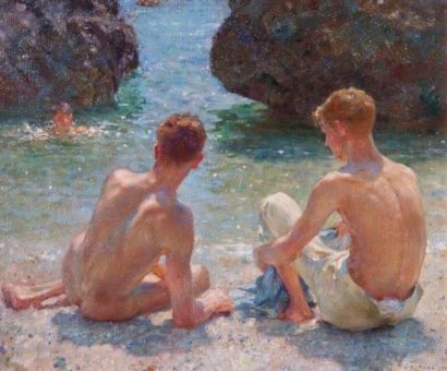 Image of the Henry Scott Tuke oil painting, The Critics. Showing two males sitting on the beach. 