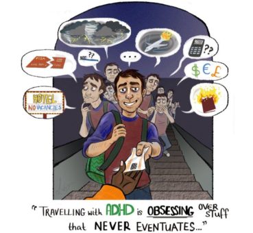 Image depicting man handing over his ticket with a number of worried versions of himself with thought bubbles containing possible disasters which come with flying, with a speech bubble saying
