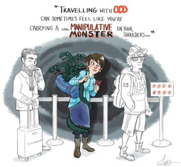 Image of woman in line at the airport with a little monster coming out of her backpack with a speech bubble saying