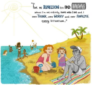 Image of a family on a beach with the Dad in black and white with a speech bubble saying