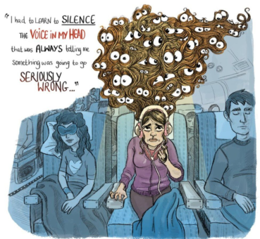 Imaage of a woman in an airplane seat with a speech bubble saying