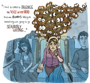 Imaage of a woman in an airplane seat with a speech bubble saying 