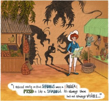 Image of a woman in a market surrounded by scary shadows with speech bubble saying, 