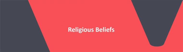 Red background with white text overlaid, spelling Religious Beliefs.