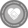 Image of the Women In Finance Charter Signatory logo. This shows the silhouettes of two hands shaking, to form the shape of a heart.