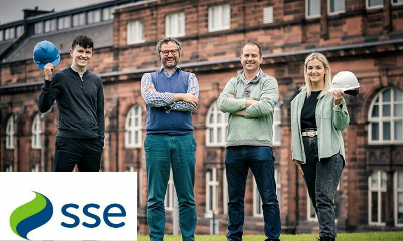 (From left to right): New MSc student Kenneth MacSween celebrates his scholarship with Dr David McMillan, University of Strathclyde, Andy Lewin, SSE Renewables, and fellow awardee Skye Francis