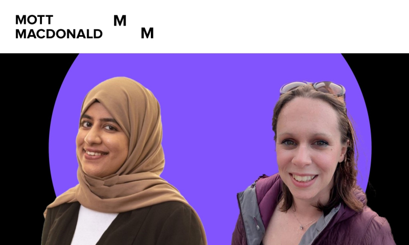 Two women award winners, one of middle eastern ethnicity wearing a hijab, the other caucasian wearing glasses on top of her head
