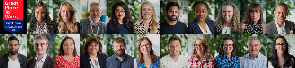 Format: A wide, panoramic banner image consisting of two rows of professional portraits.  Layout: The left side features a prominent vertical badge for "Great Place To Work Certified" (valid Nov 2025–Nov 2026, UK). The rest of the frame is filled with a grid of 20 individual headshots (10 on top, 10 on bottom).  Aesthetic: The portraits have a consistent, bright, and natural look. Most subjects are posed against a soft-focus background of indoor greenery, suggesting a modern, vibrant office environment.