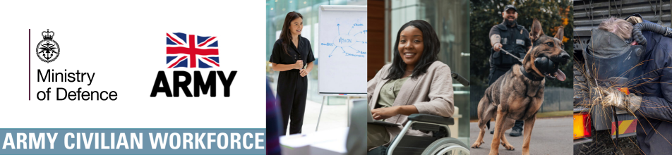 Image of female in meeting room with white board, black female in wheelchair, dog handler with dog, person n welding attire