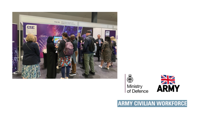 This image shows a busy exhibition booth for the Government Science and Engineering (GSE) Profession